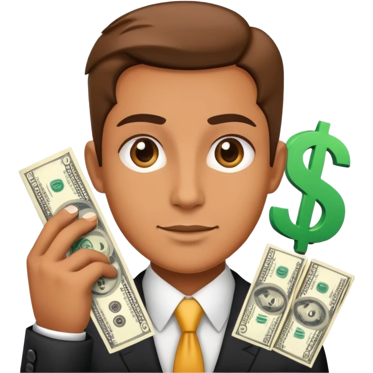business person with dollar signs and sales chart going up emoji