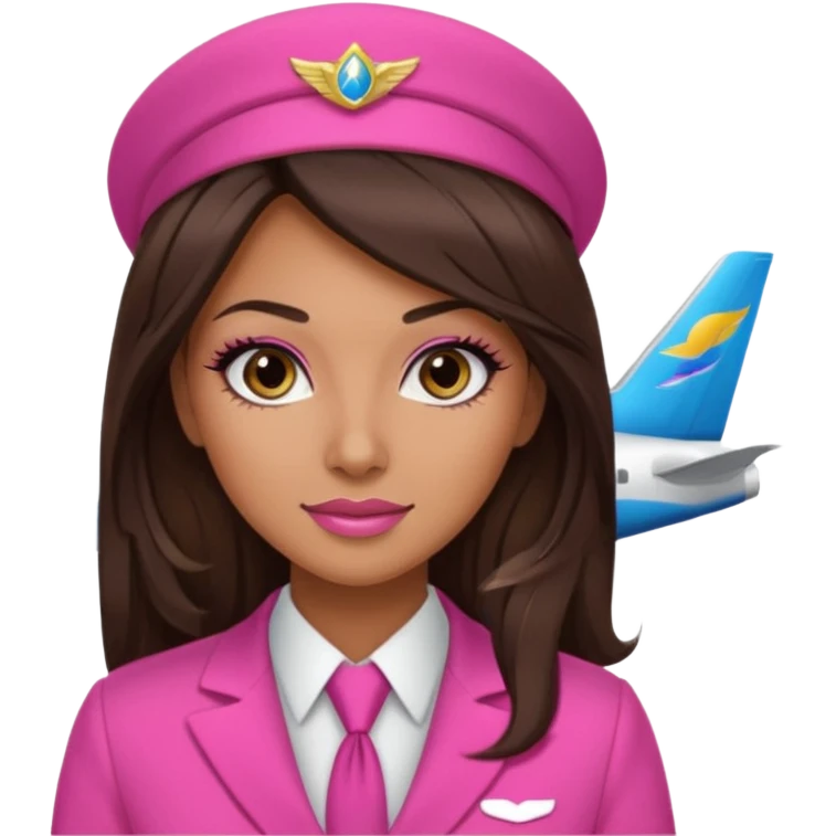 Flight attendant with pink outfit tan skin long dark brown hair with blonde highlights pretty makeup long lashes emoji