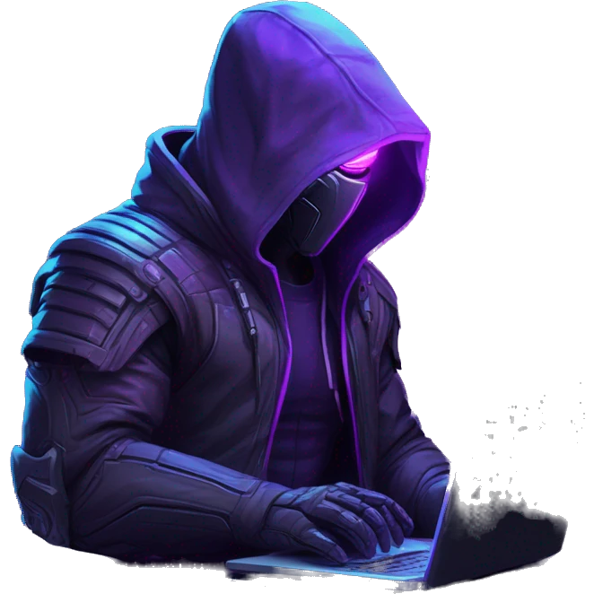Side view developer behind his laptop with this style : crysis Cyberpunk Valorant neon glowing bright purple character purple violet black hooded assassin themed character emoji