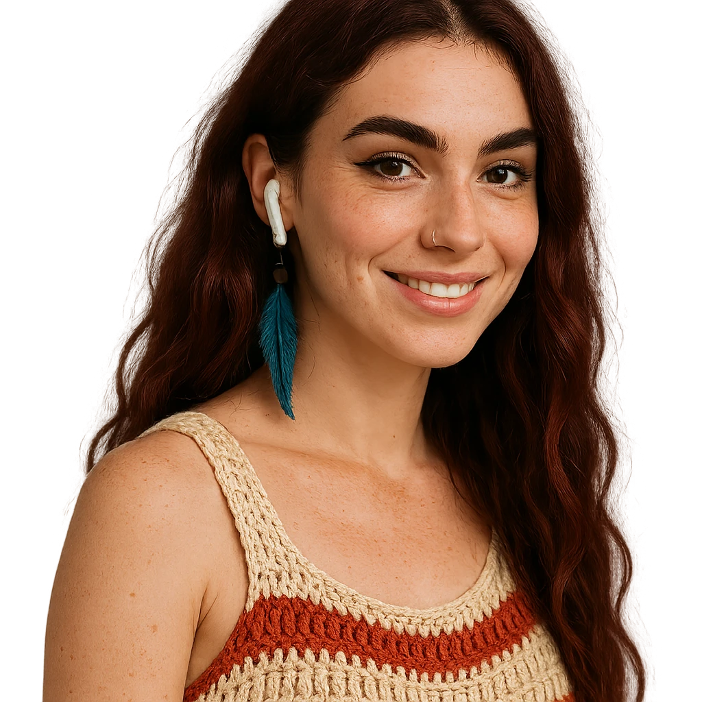 Creative bohemian young woman: fair skin, freckles, oval face, defined cheekbones, warm smile. Hazelnut brown eyes, bold eyeliner, thick arched brows. Long, wavy, deep dark red hair, two loose strands. AirPods, handmade woven top (beige/ecru/terracotta), blue feather earring, nose piercing right. Artistic, modern, connected. emoji