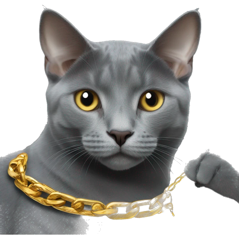 Russian Blue cat wearing a gold Cuban chain driving a Lamborghini emoji