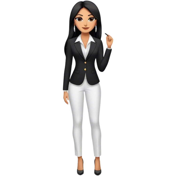beautiful fit tall woman boss, with long straight black hair, with make up, black eye liner, smile, mexican, brown skin, wearing beautiful profesional outfit and white earings, full body emoji