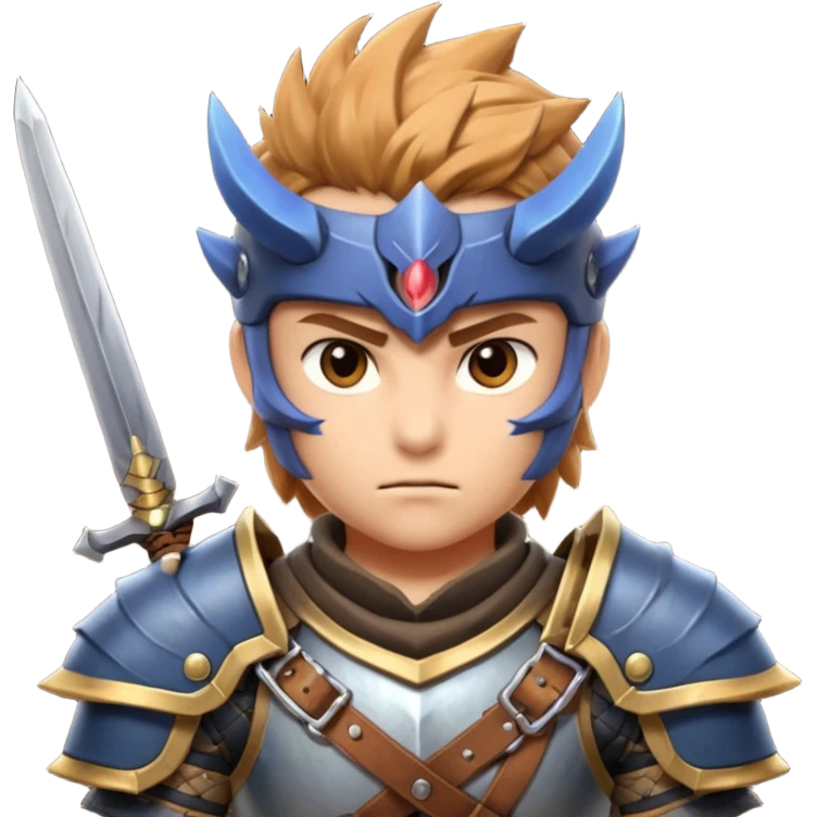 fantastic monster hunter warrior portrait, head and shoulders only, metal shoulder armor, sword strap visible, battle-worn look, intense expression, 3D cartoon, mobile game icon style, clean background, no text, no watermark
 emoji