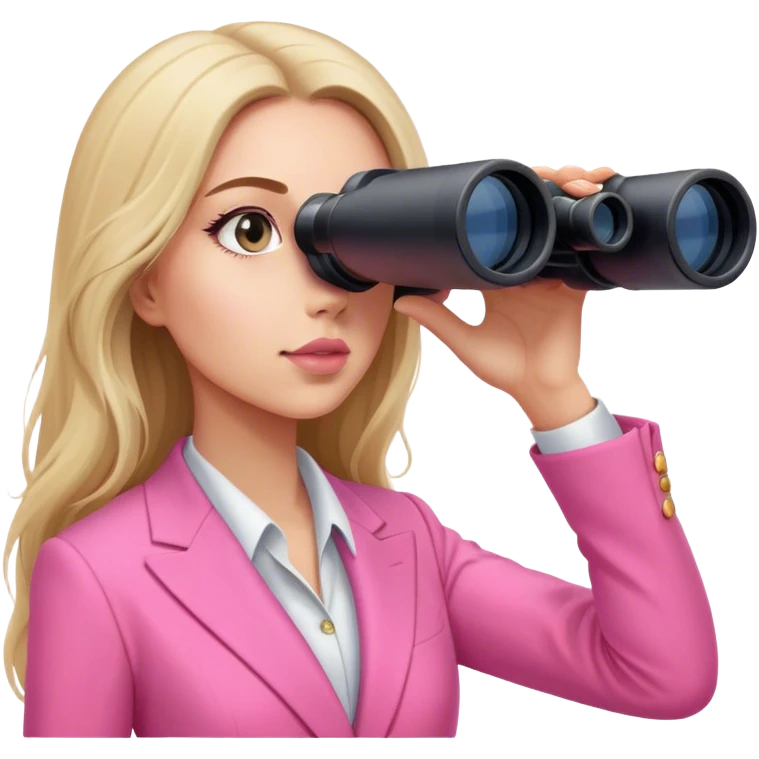 futuristic-looking woman with long hair in an intensive color pink suit looking through binocular, viewed from an angled perspective. do not make bincoular with more than 2 eyes emoji