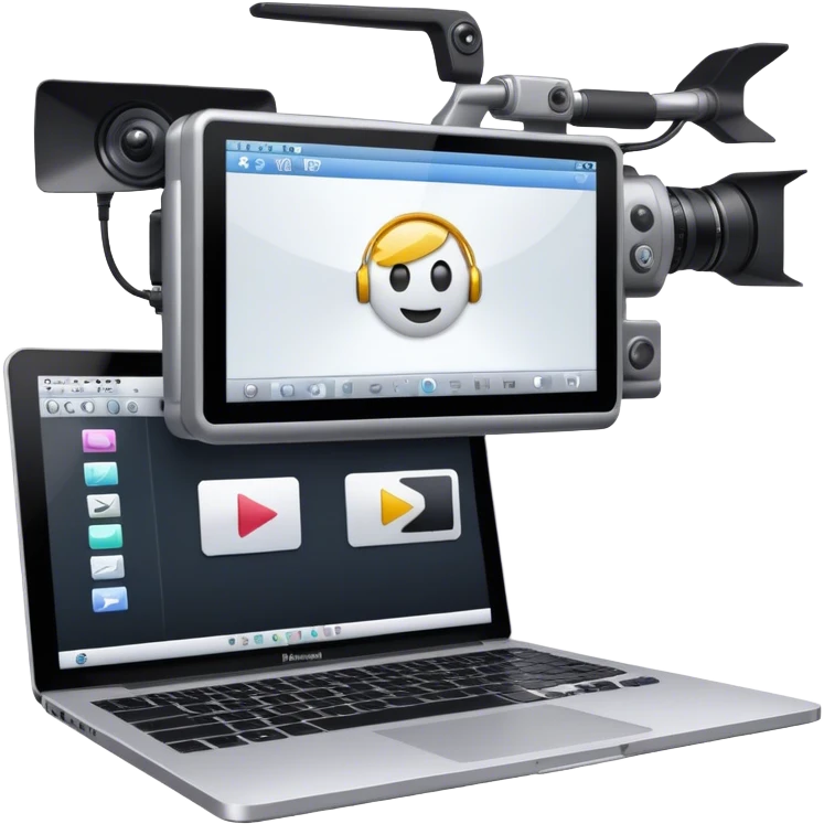 Create an emoji of video editing. Should feature a video editing timeline or interface on a computer screen, showing clips and a playhead. Include a video camera and editing tools. No any smiley faces in emoji. Make the background transparent. emoji