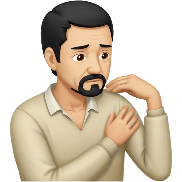 Older Man with black hair and goatee holding neck bent over in pain emoji