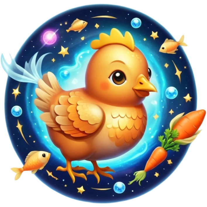 Magical ethereal chicken, fish, and carrot floating in a cosmic space, connected by golden energy beams to a healthy eye, radiant skin, and glowing immune shield emoji