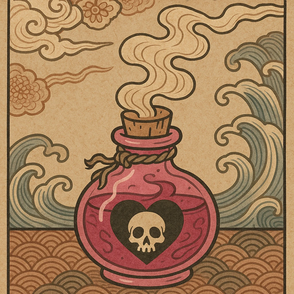 pink goth potion bottle, ukiyo-e style, traditional and gothic emoji