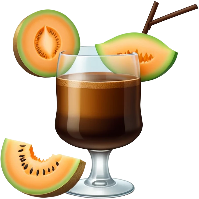 dark coffee carajillo drink in a glass with a slice of cantaloupe melon on the side emoji