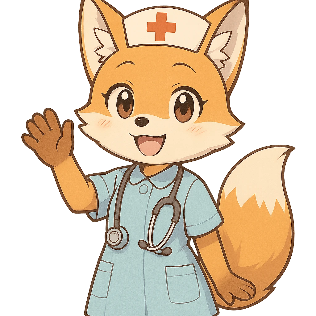 anime style fox character, medical theme, saying goodbye emoji