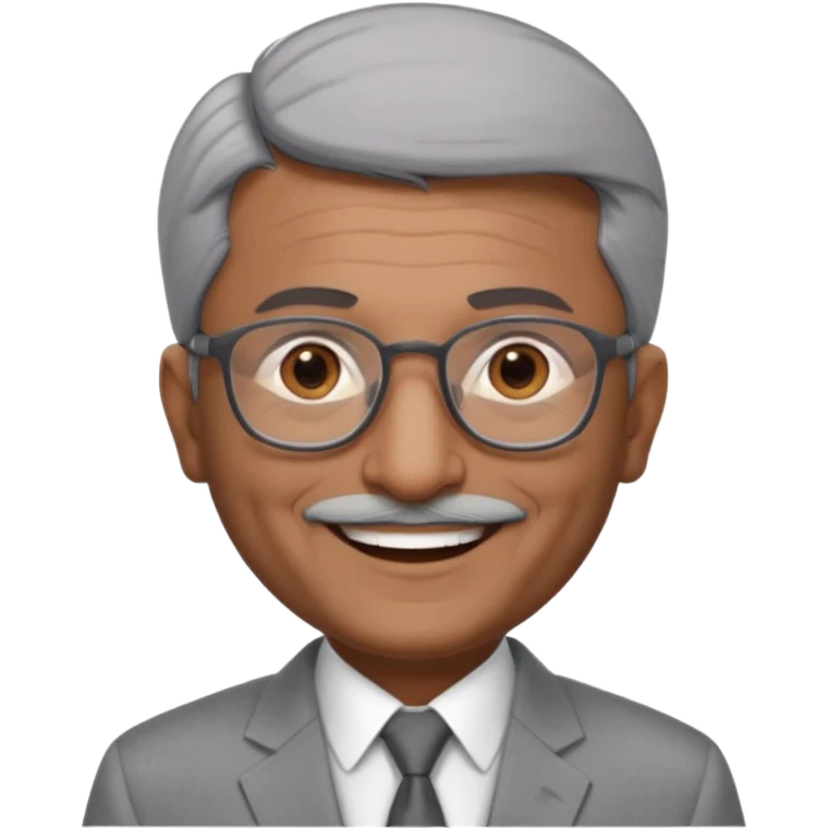 60 yr old indian man, short straight dark grey hair brushed foreward , light grey business suit, big smile, dark brown skin, no moustache, dark brown eyes, glasses
 emoji
