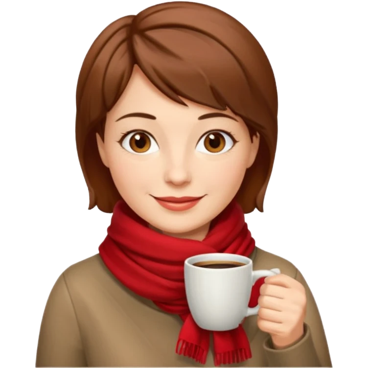 a middle age woman with brown short hair, having red scarf, drink coffee, enjoy emoji