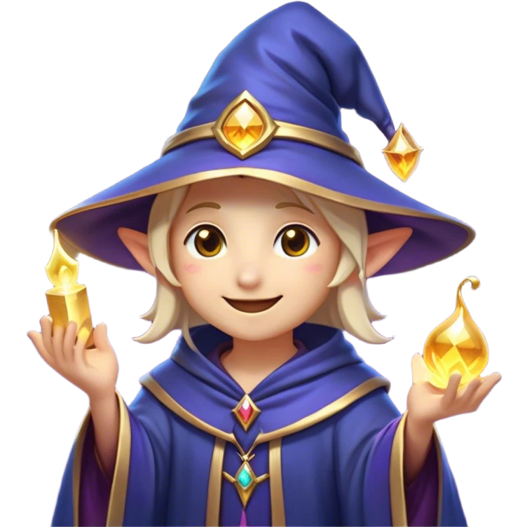 Clash of Clans aesthetic Playful Mage Portrait Emoji, Head tilted with a mischievous glimmer and subtle enchanting smile, featuring a compact, gracefully robed form with a pointed wizard hat and twinkling eyes in natural skin tone, Simplified yet irresistibly charming features, highly detailed, glowing with a warm, inviting magical glow, high shine, spirited and imaginative, stylized with a touch of whimsical sorcery, soft glowing outline, capturing the essence of a playful mage exuding friendly arcane wonder! emoji