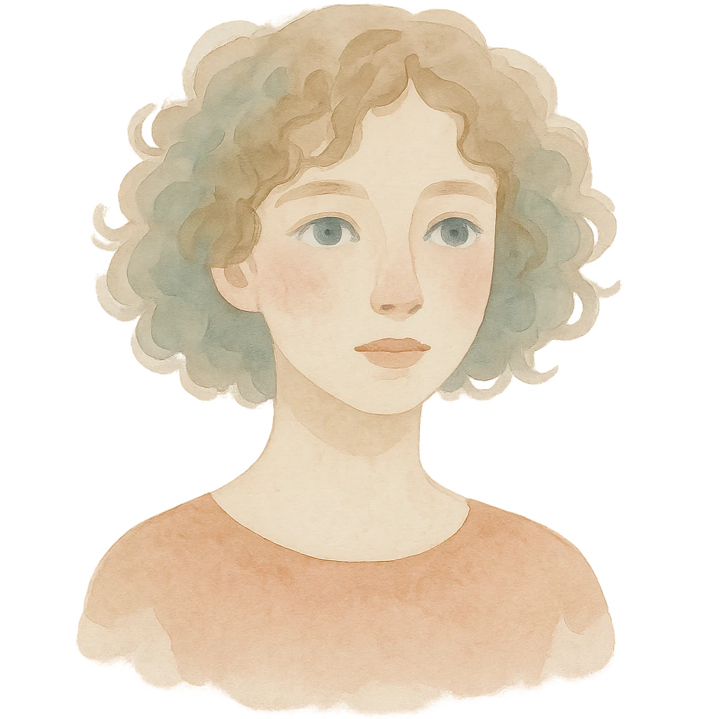 a girl with curly hair, pale skin, and blue eyes, watercolor art style emoji