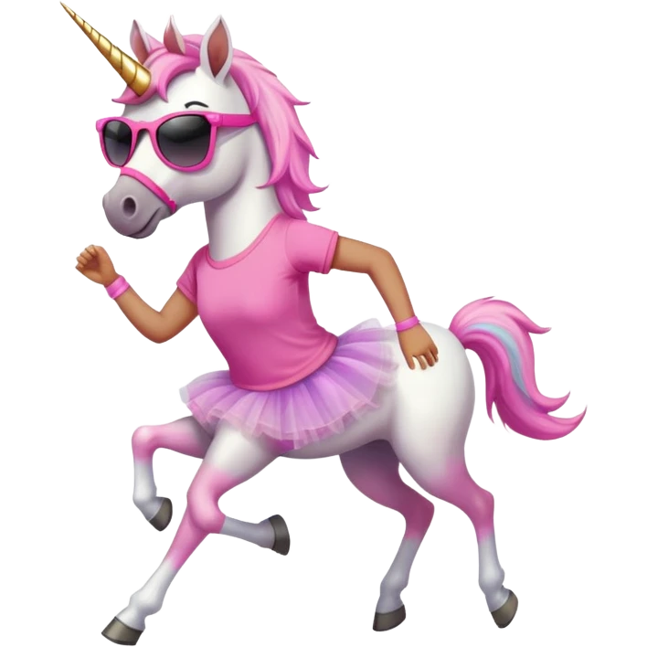 friendly anthropomorphised female unicorn with horse-like face, in tutu and pink t-shirt, wearing dark sunglasses, jogging upright in standard pose emoji