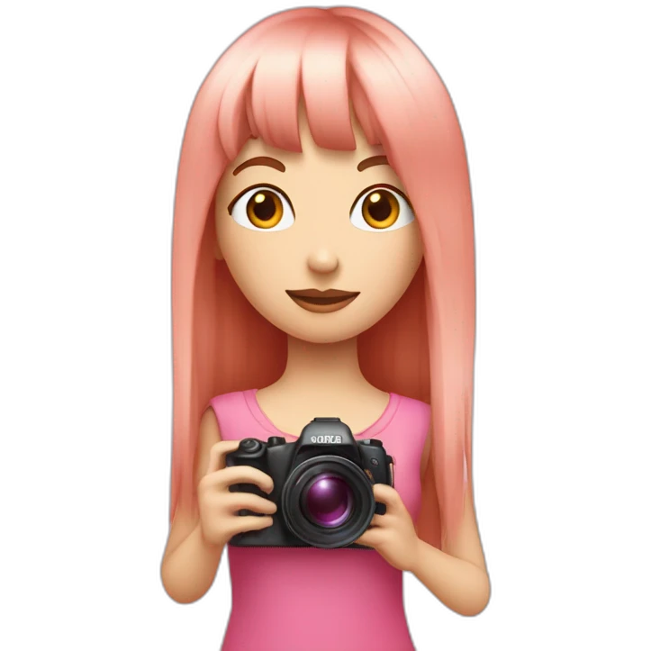 girl with long, straight rose hair with fringe and holding camera and wearing pink, pretty top emoji