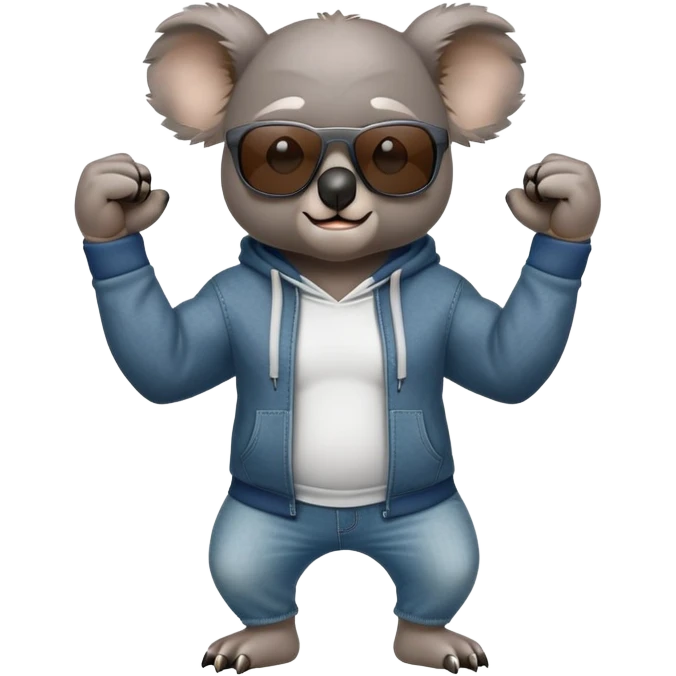 anthropomorphised koala, full body, wearing a hoodie and jeans, dark sunglasses, flexing muscles in a different pose emoji