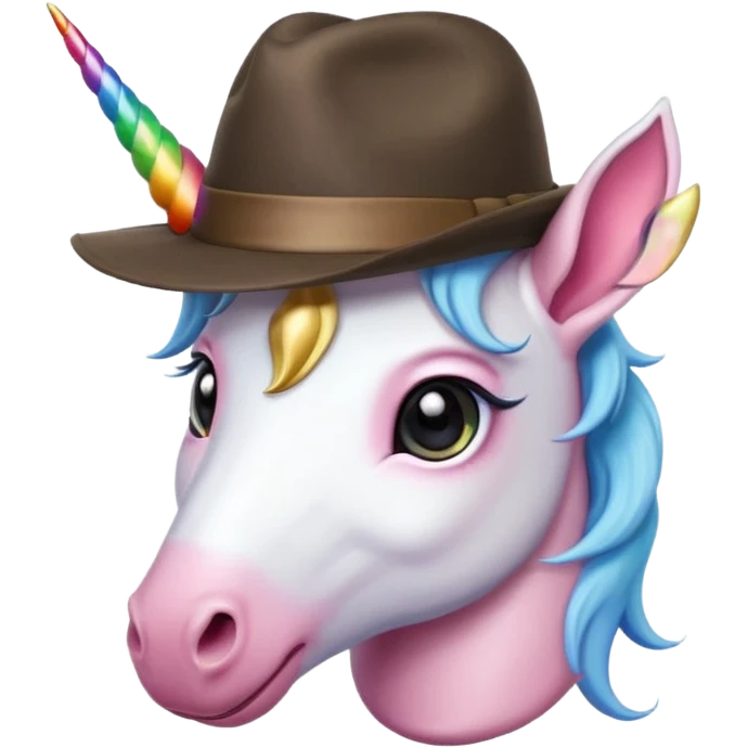 unicorn face cute wearing fedora, horn piercing through the hat emoji