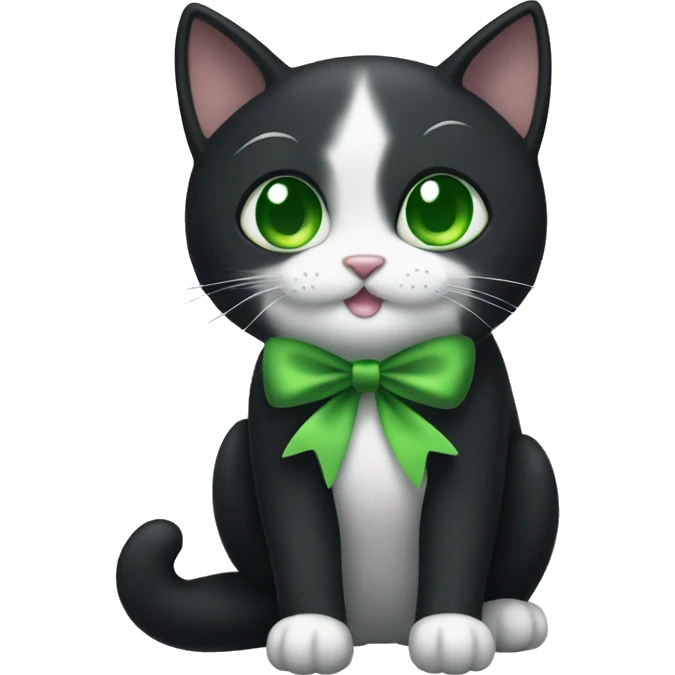 Black cat with little white bows and green eyes emoji