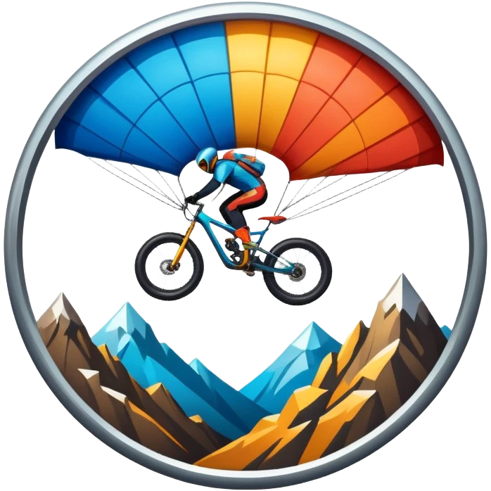 A bold, dynamic emblem combining elements of extreme sports like a mountain, a bike, and a parachute, all within a circular or shield-like shape. The design conveys speed, adventure, and adrenaline, with sharp lines and vibrant colors representing the thrill and intensity of extreme sports. emoji