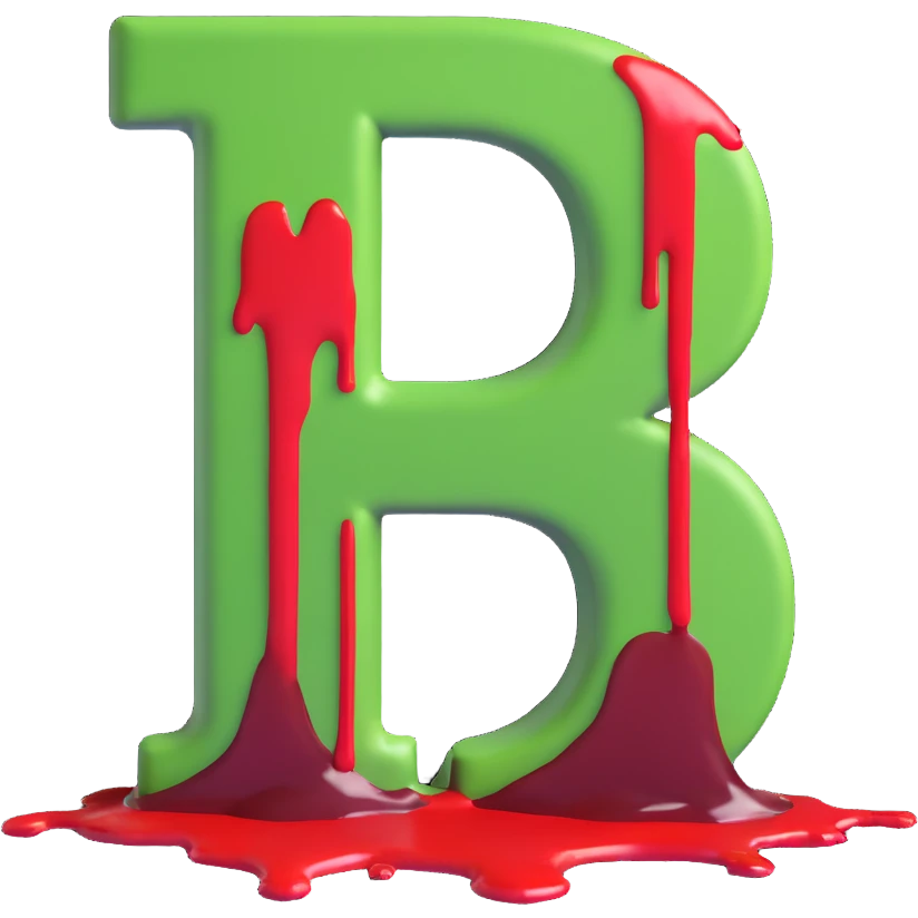 3D graffiti style green letter B with red blood slowly dripping, dark urban background, cinematic lighting, black wall emoji