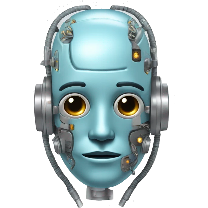 Pastel blue hair cyborg head with silver respirator mask and circuits emoji
