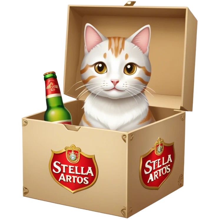 White/tabby Cat inside a box of Stella Artois emoji