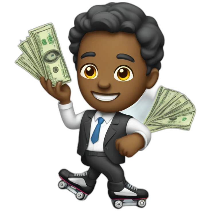 a banker with many dollars in his hand on roller skates emoji