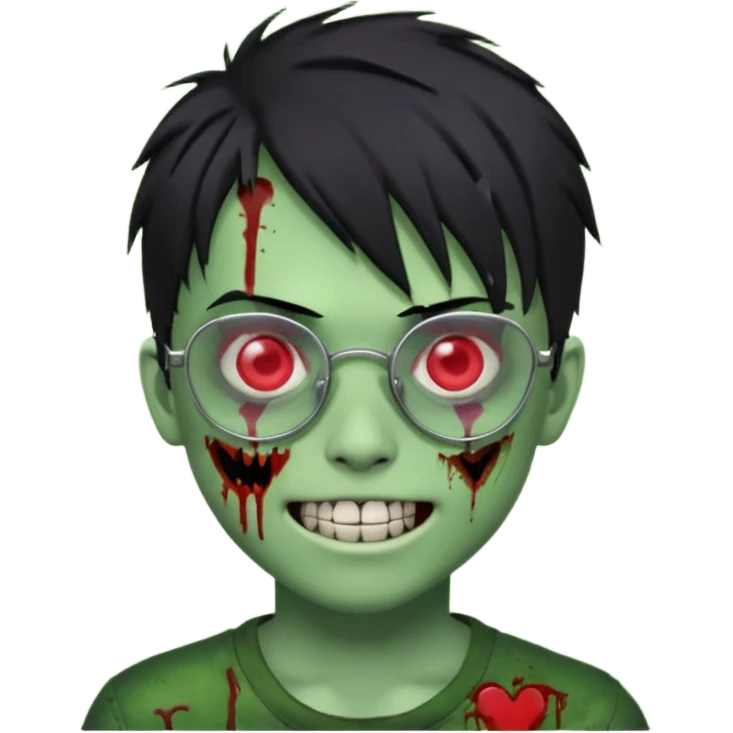 Zombie emo boy, green skin and black hair, chrome heart glasses and a scary smile, scars and blood under eyes emoji