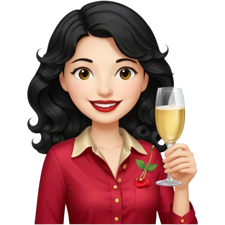 A woman with wavy black hair and a beautiful and authoritative cherry shirt drinking champagne emoji