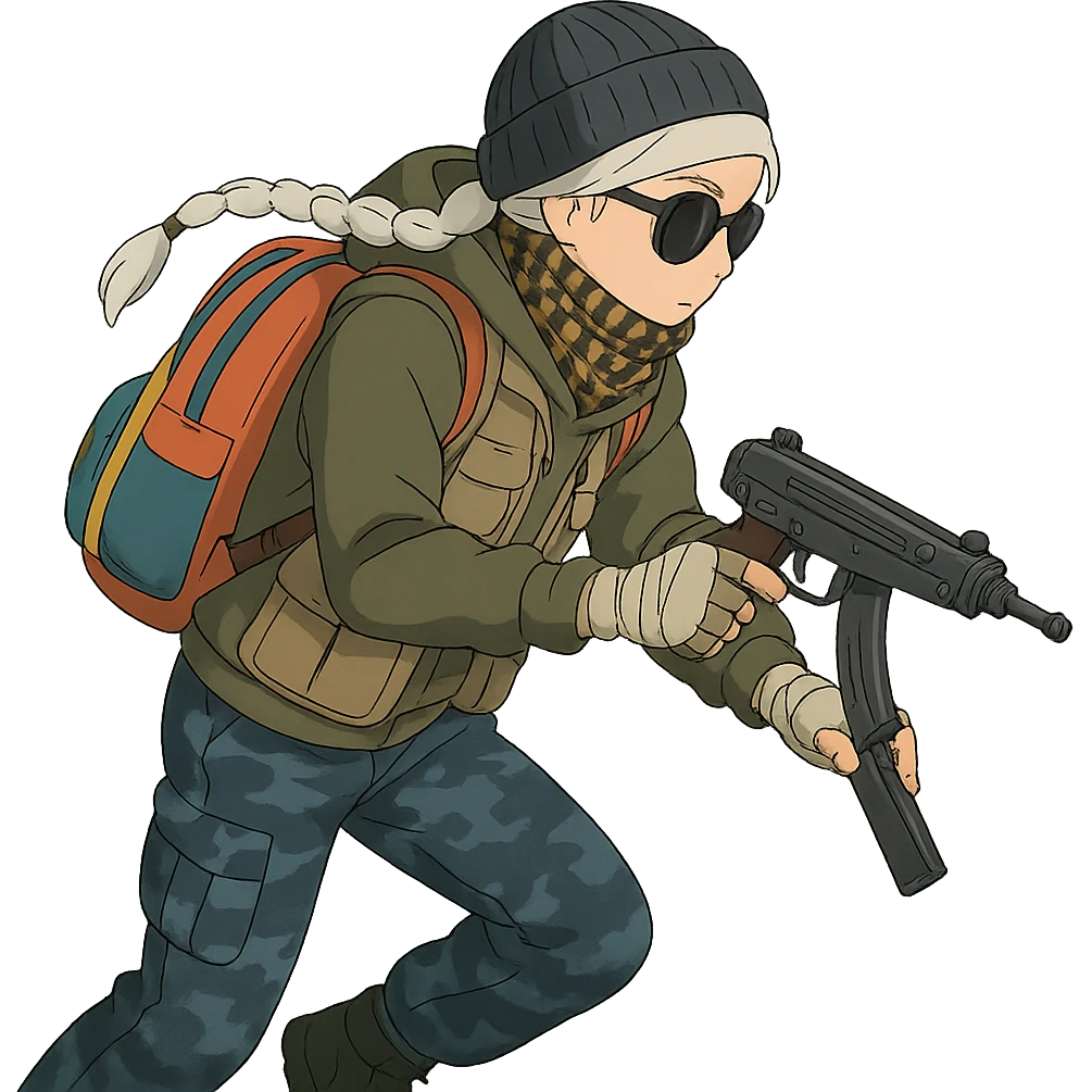 1 female, long white braid, knit cap, dark sunglasses, shemegh neckwrap, fishing vest, vibrant shool backpack, drab hoodie, handwraps, blue camo pants, tactical reload of a VZ-64 Scorpion, hunched over, on the move emoji