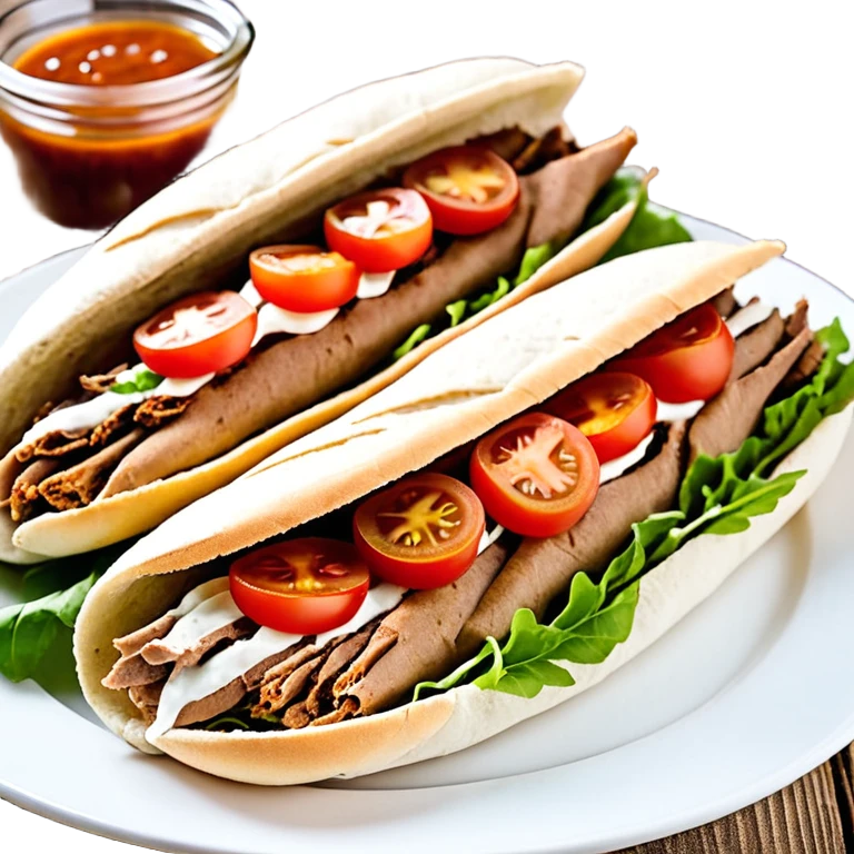 Döner im frisch aufgebackenen Fladenbrot, außen leicht knusprig, innen weich. Gefüllt mit saftigem Dönerfleisch, knackigem Salat, Tomaten, Zwiebeln und Kräutersauce. Warme Food‑Fotografie, hohe Details, natürliche Farben, appetitliche Präsentation, Fokus auf Texturen und Frische.“ emoji