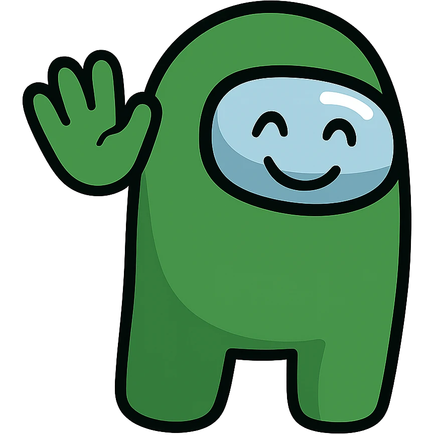 Create an Among Us crewmate character in green, waving one hand, happy expression, transparent background, in a style suitable for editing and clear character depiction. emoji