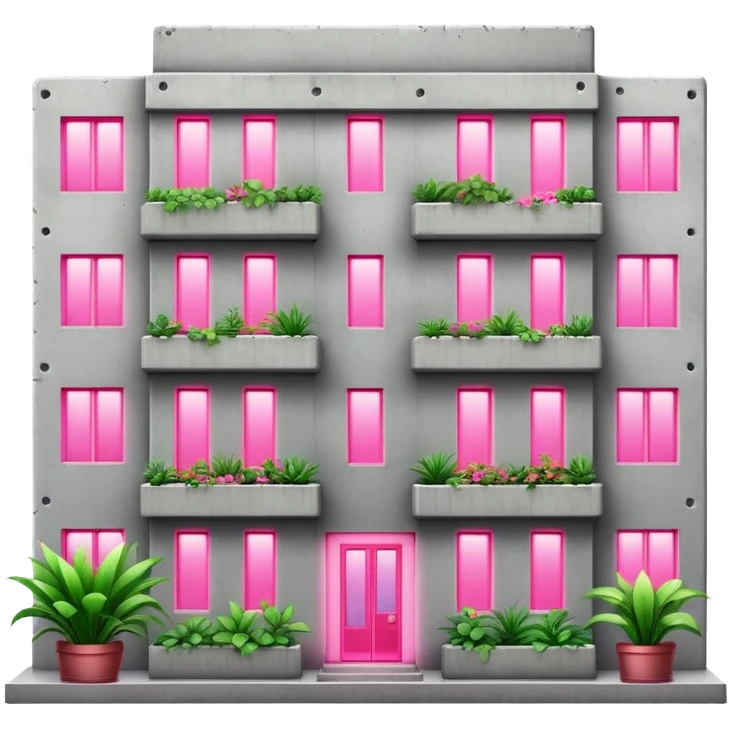Soviet-style concrete panel apartment building block with neon pink light glowing from one window for indoor plants emoji