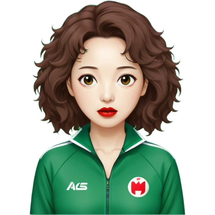 Han Mi-nyeo : Age: Late 50s
Appearance: A middle-aged woman with frizzy, messy brown hair and dramatic red lipstick.
Outfit: Green player tracksuit emoji