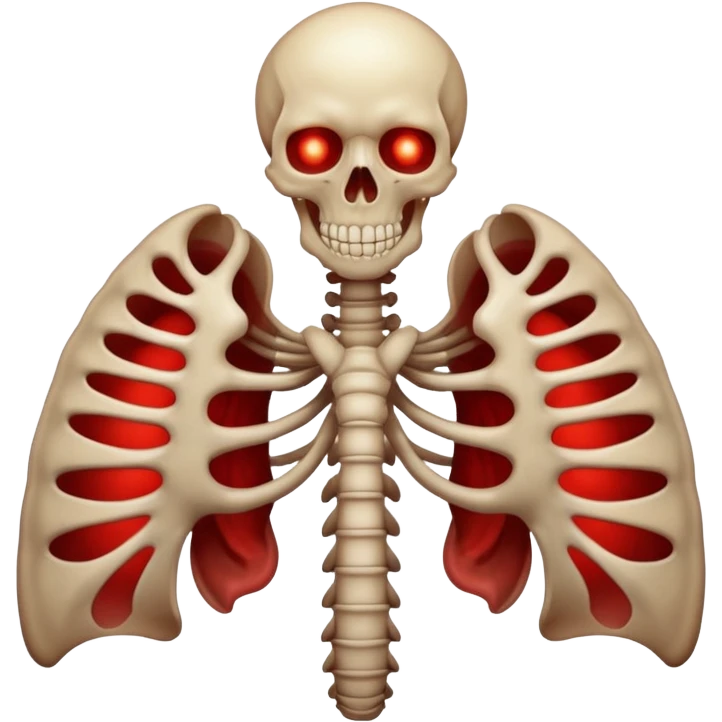 Minimalist emoji-style sticker of a ribcage x-ray with a curled-up demon inside, lines in faint white on black background, subtle red eye glow



 emoji