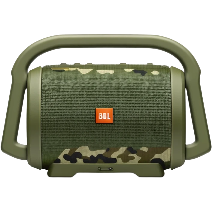 Geometric JBL Clip 4 speaker with olive green digital camouflage pattern, iOS emoji style emoji