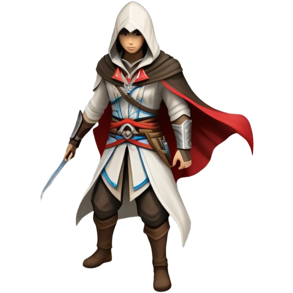 An icon representing an adventure game, inspired by Assassin's Creed. The design features a heroic character in hooded attire, scaling a tall building in a historical cityscape. The background shows ancient architecture and hidden symbols, symbolizing exploration and stealth. Transparent background  emoji