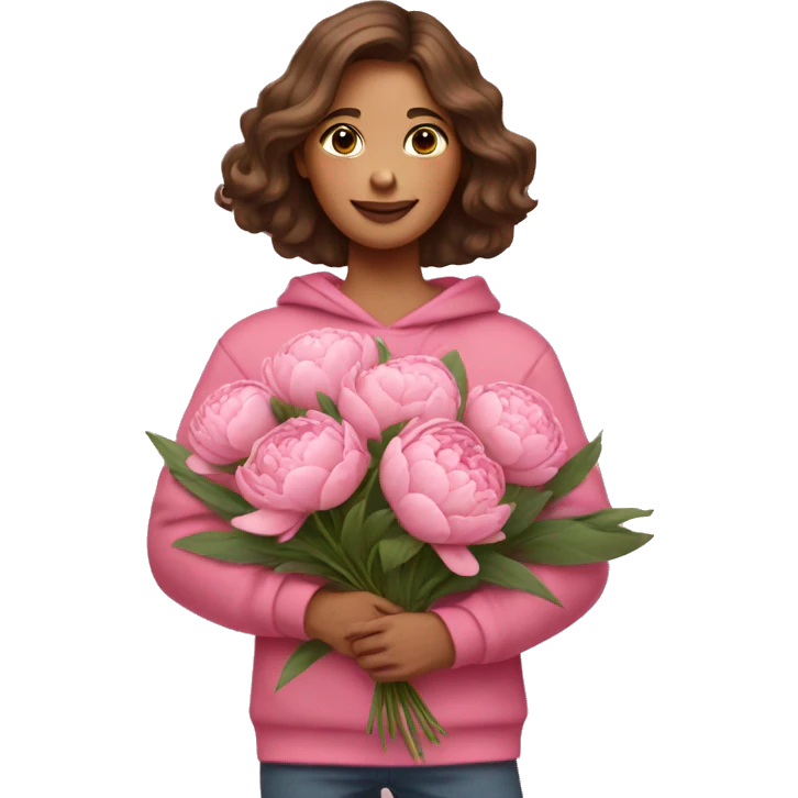 girl with brown hair in pink sweatshirt Holds a bouquet of peonies emoji