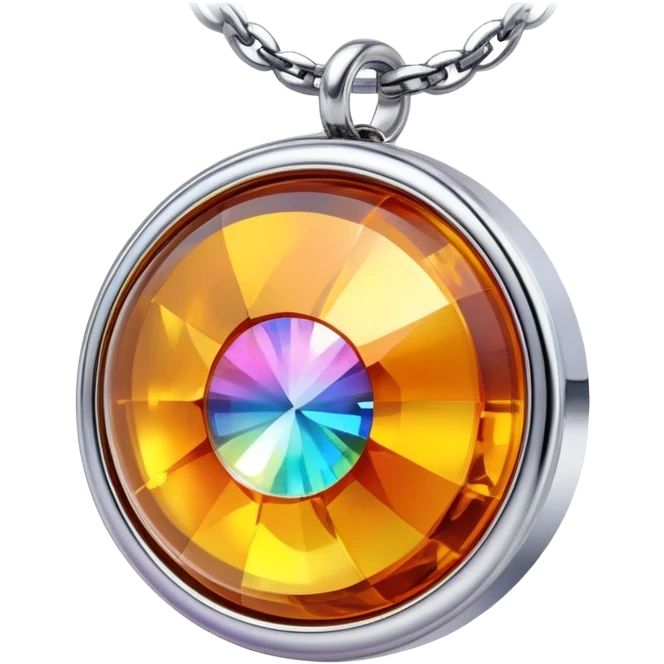 extreme close up of a round cut holographic amber charm with silver metal accent and rainbow chain emoji