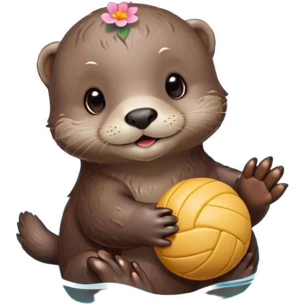 super cute baby otter with a tiny colorful flower on its head, gentle expression and soft rounded eyebrows, floating on clearly visible blue water with waves, baby otter with big sweet eyes holding a volleyball with both small paws above water emoji
