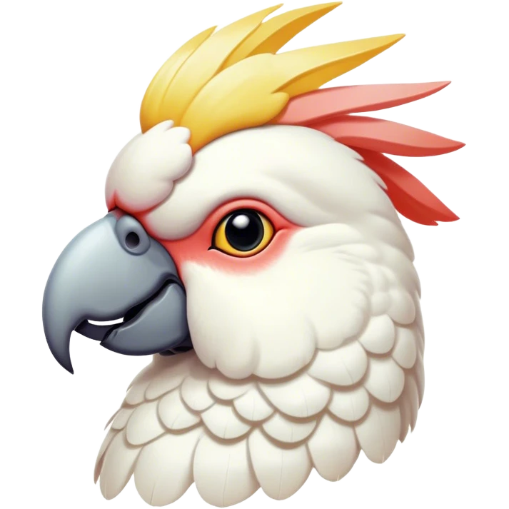 Cinematic Noble Cockatoo Portrait Emoji, Poised and regal, with a striking, crest-adorned head of brilliant white and pastel hues, a robust, curved beak, and piercing, intelligent eyes, Simplified yet sharp and sophisticated features, highly detailed, glowing with a soft, tropical luminescence, high shine, intelligent and majestic, stylized with an air of avian elegance, focused and alert, soft glowing outline, capturing the essence of a watchful and confident cockatoo that appears ready to unfurl its crest out of the screen with effortless authority! emoji