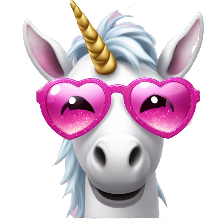Unicorn with pink sparkly horn wearing pink heart snapped sunglasses emoji