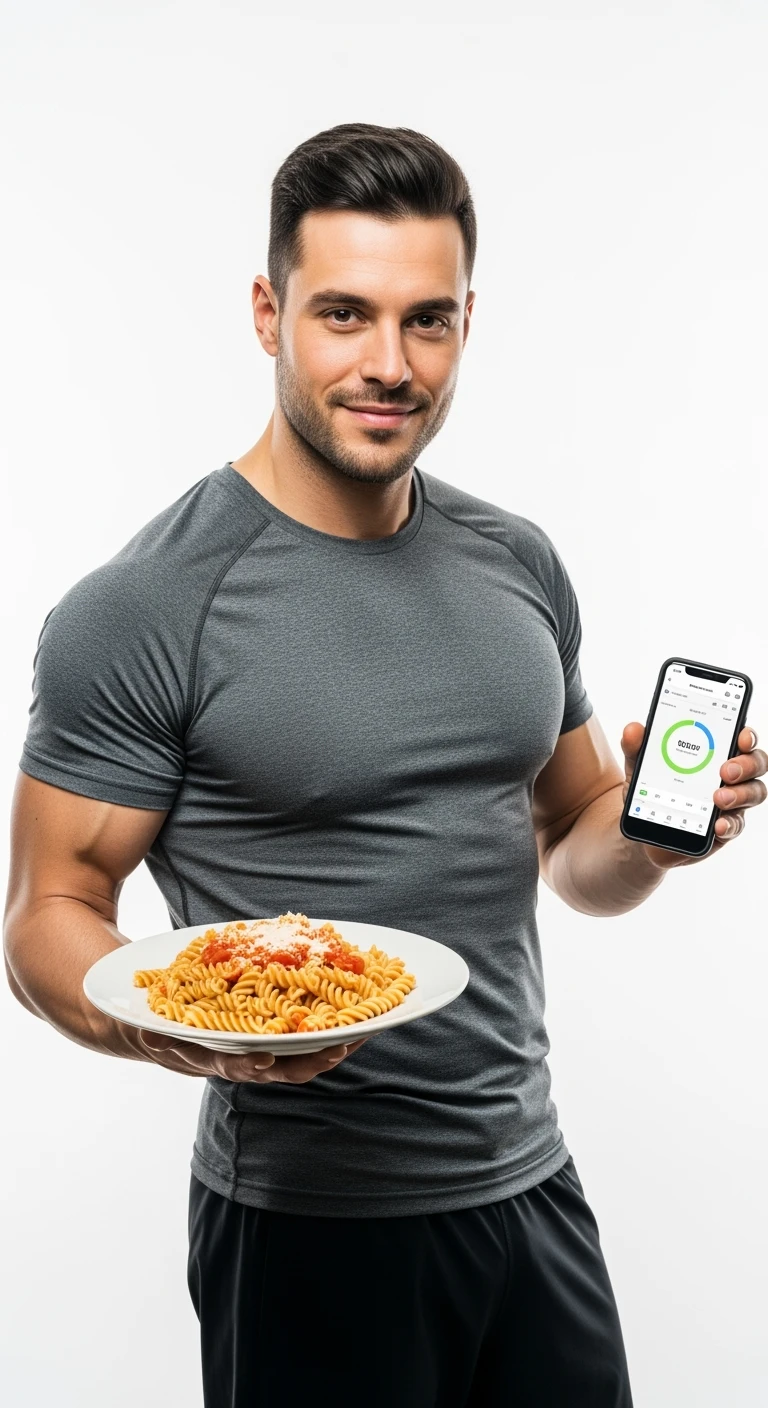 uomo fitness con piatto di pasta in mano e smartphone, sfondo bianco emoji