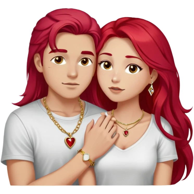 young 20 year old couple kissing, girl with long cherry red hair and dark blonde eyebrows wearing gold necklace with letter A, diamond gold ring, red bracelet and light clothes, boy with bright white hair wearing dark t-shirt and silver ring with black stone emoji