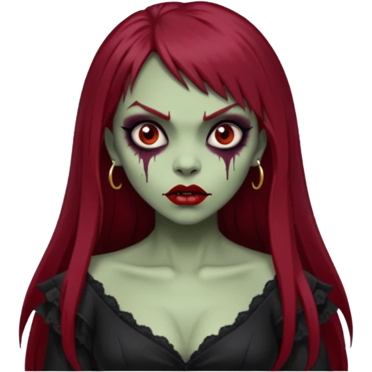 vampira gótica parda zumbi de cabelo longo e vermelho extremamente escuro e franja e roupa com decote e batom preto emoji