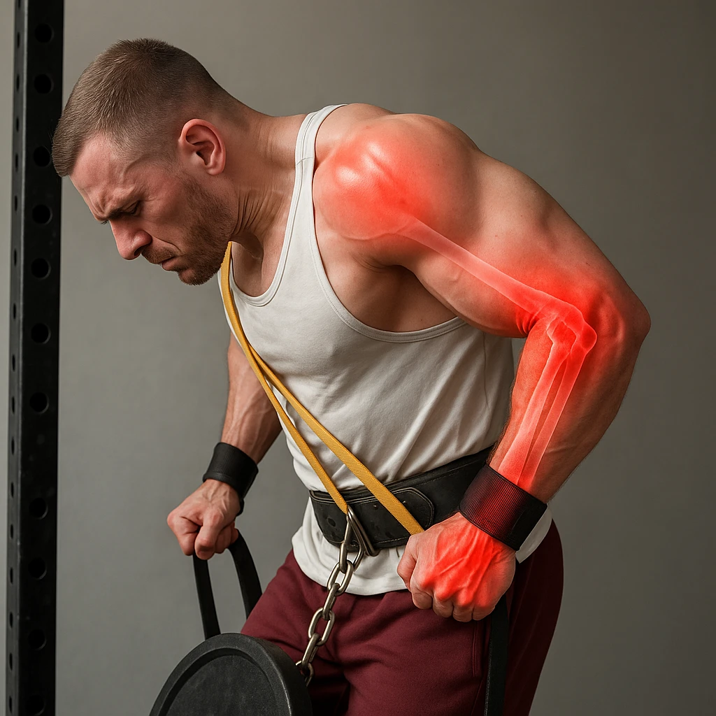 A man performing a dip exercise showing evident joint stress: shoulder, arm, and elbow highlighted in red to indicate pain or inflammation. Hyper-realistic style with anatomical details, clinical atmosphere, and neutral background. emoji