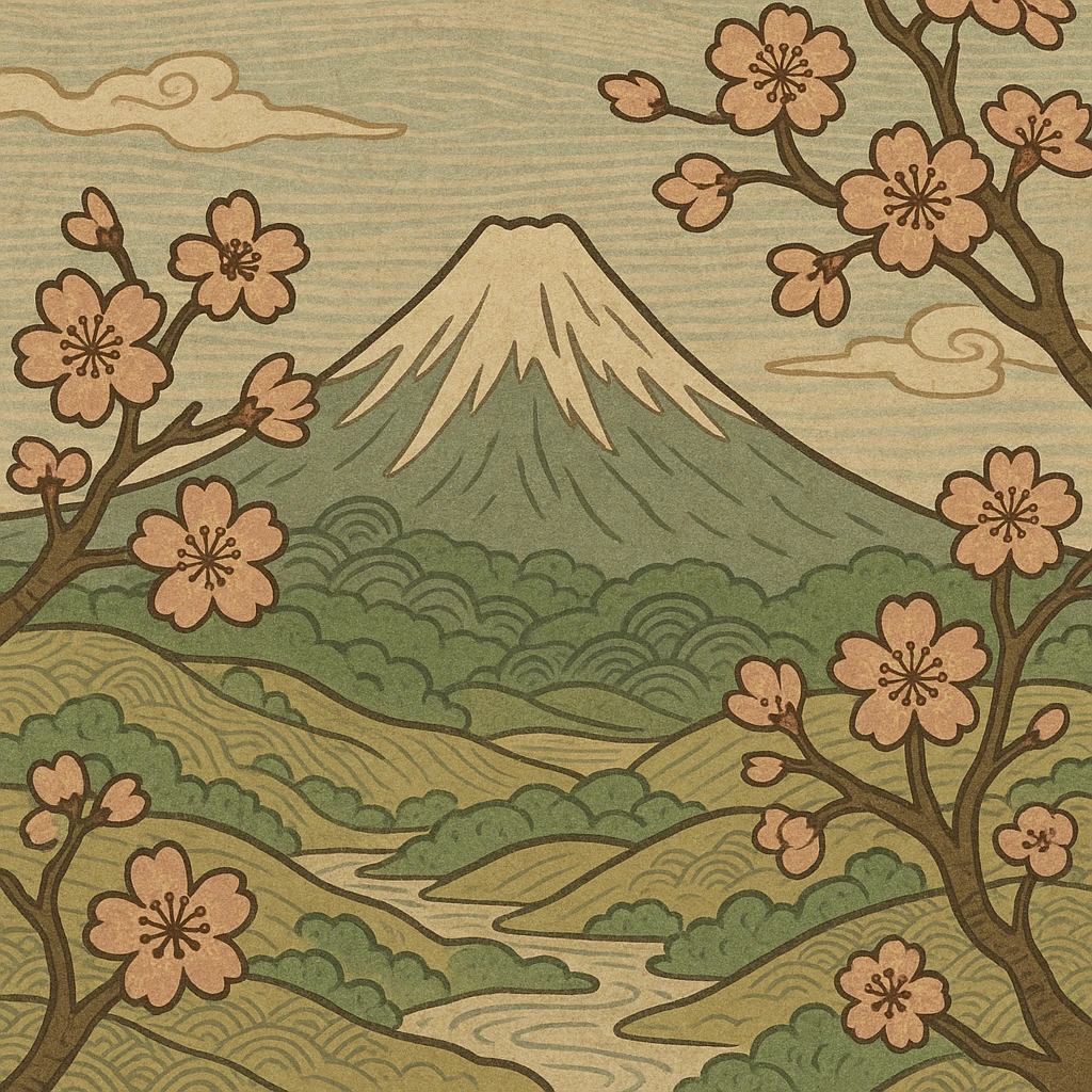 ukiyo-e style illustration of a mountain landscape with cherry blossoms emoji