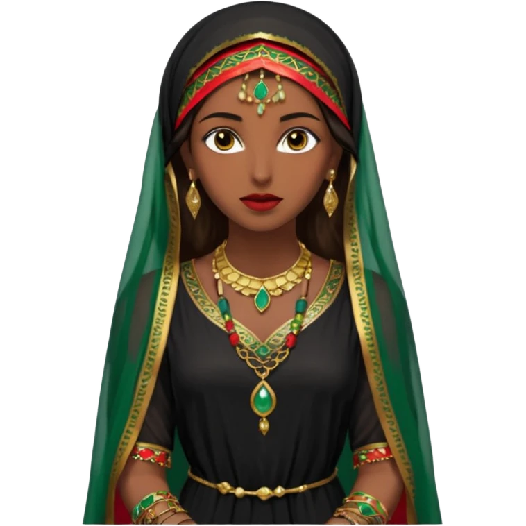 Mujer joven, morena, de gran belleza y porte misterioso.
 mirada intensa, labios marcados.
 Negro, largo, suele ir cubierto parcialmente por un velo
 Ropa de inspiración árabe: túnica colorida (rojo, dorado, verde esmeralda), con detalles dorados, brazaletes y pendientes. que se ve cuerpo entero emoji