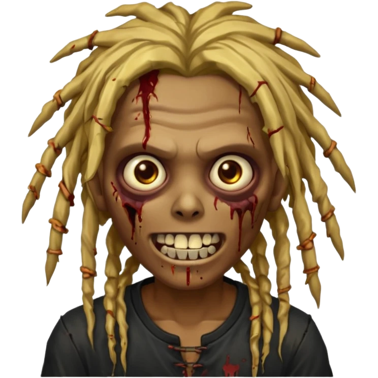 zombie with brown skin, messy gold dreads hair, wide centered brown eyes, dark bloody marks under the eyes, and a smile showing shiny metal teeth,black shirt, giving a distressed, undead look. emoji